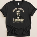 Black t-shirt with portrait of William Procter Jr. and text.