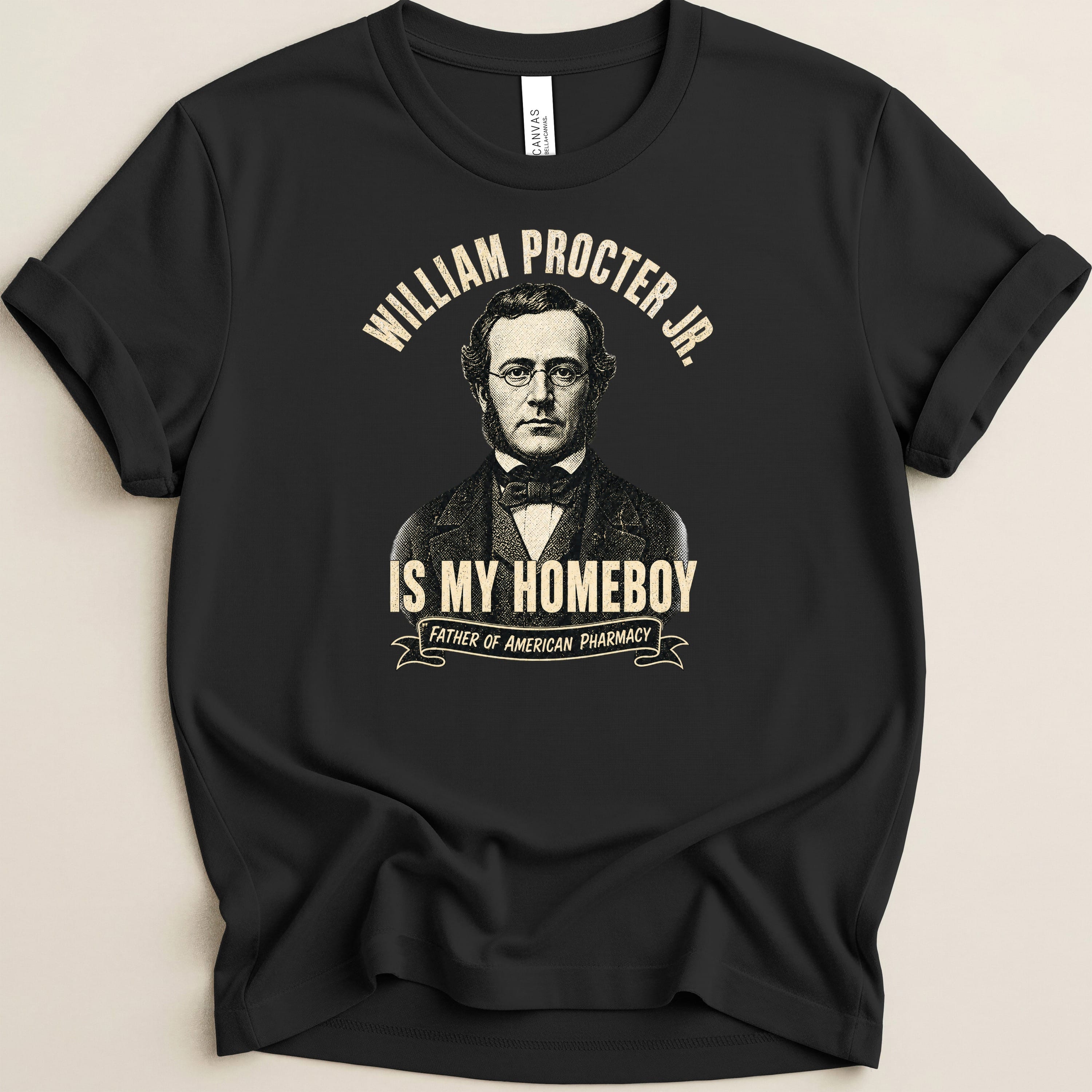 Black t-shirt with portrait of William Procter Jr. and text.