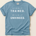 Blue t-shirt with "HIGHLY TRAINED. MILDLY UNHINGED." text.