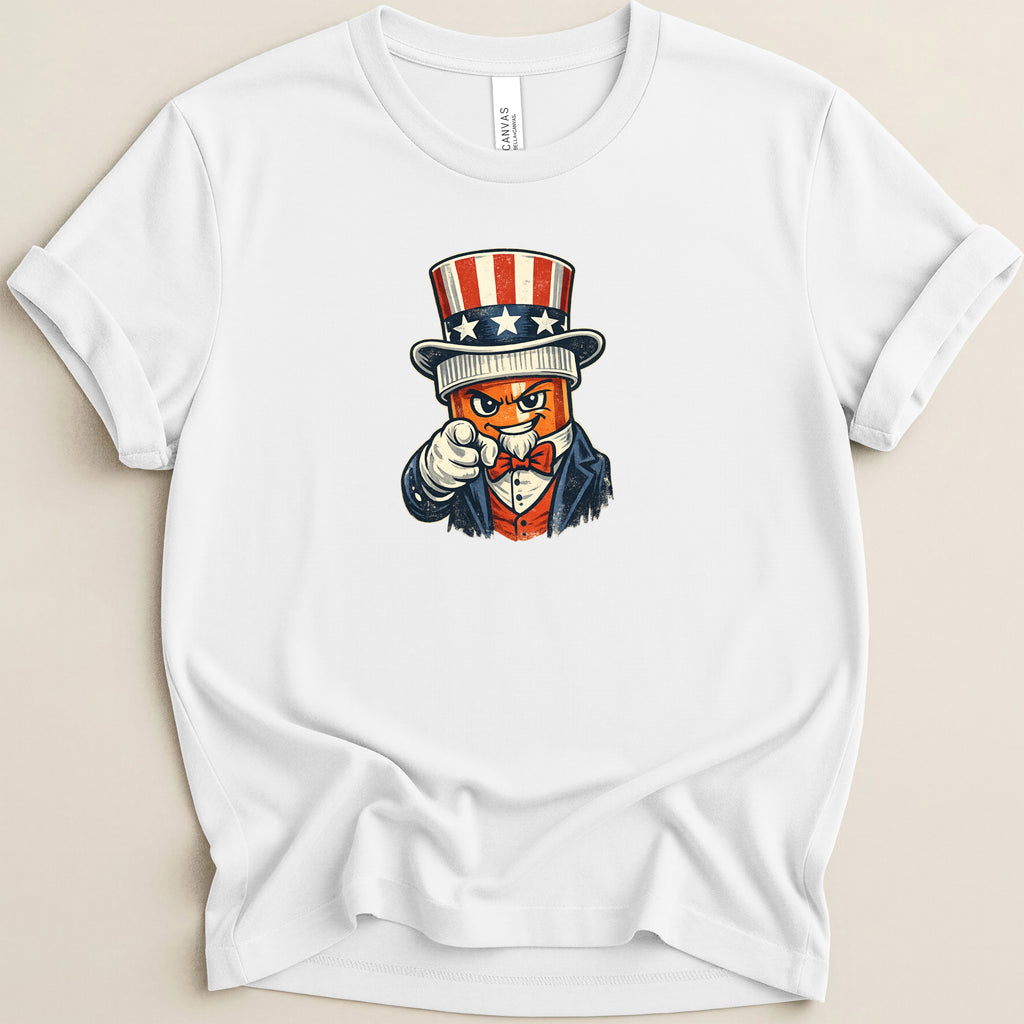 Uncle Sam pointing forward on a white t-shirt.