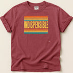 Maroon t-shirt with "INDISPENSABLE" text across retro colorful stripes.