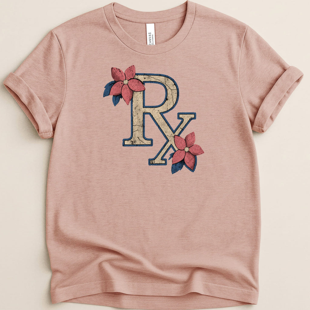 Pink t-shirt with a distressed "Rx" symbol and floral accents.