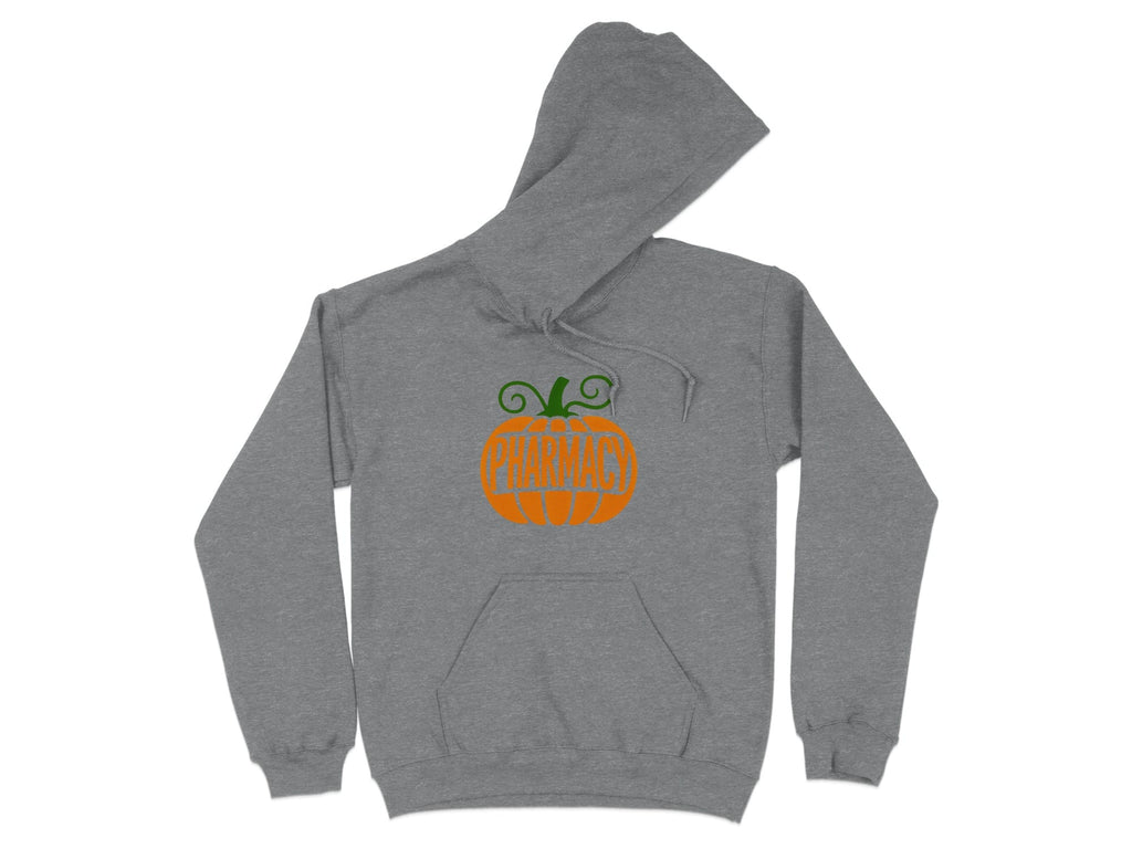 Gray hoodie with an orange pumpkin graphic that reads "Pharmacy".