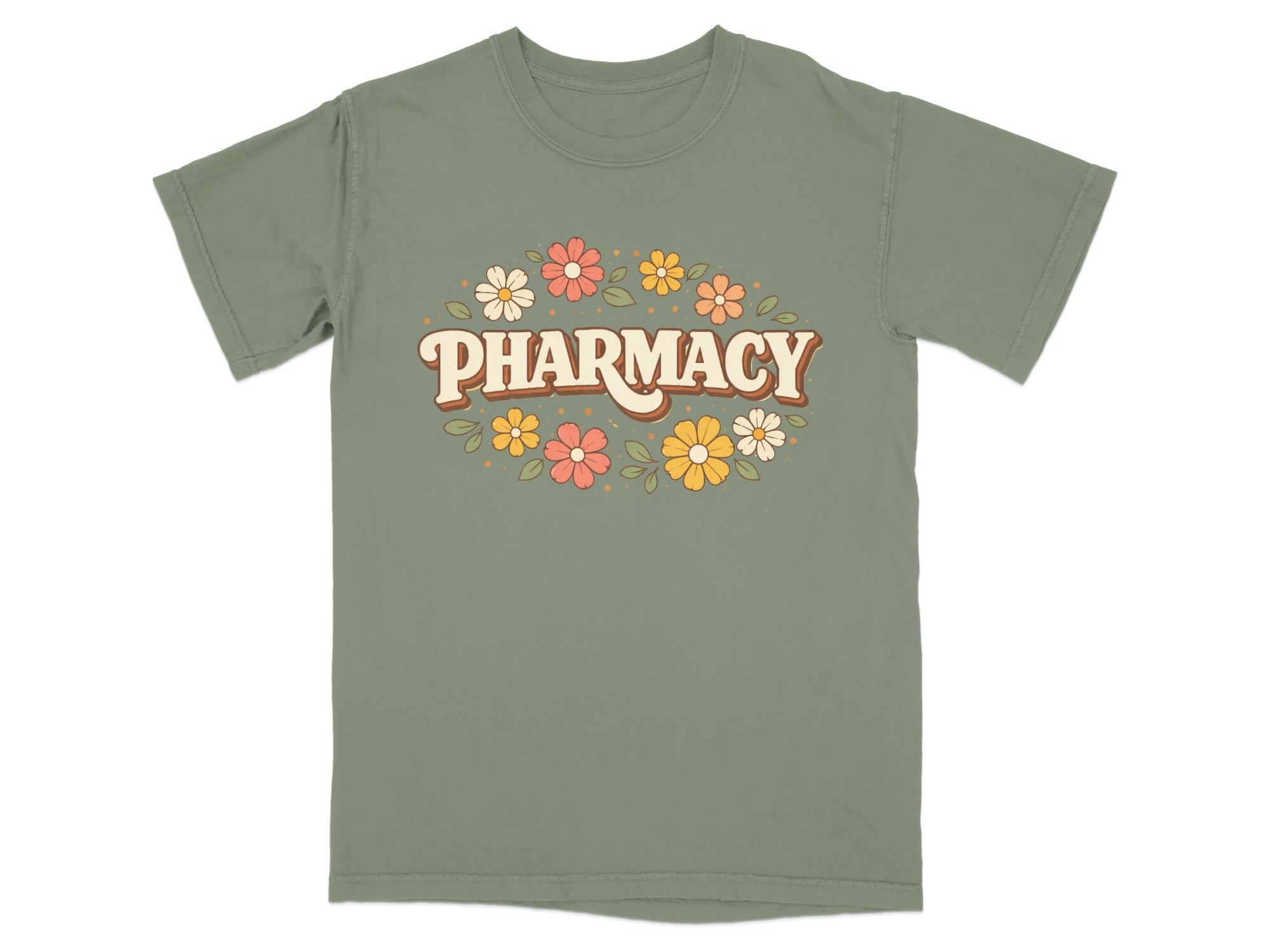 Green t-shirt with "Pharmacy" in retro font surrounded by colorful flowers.