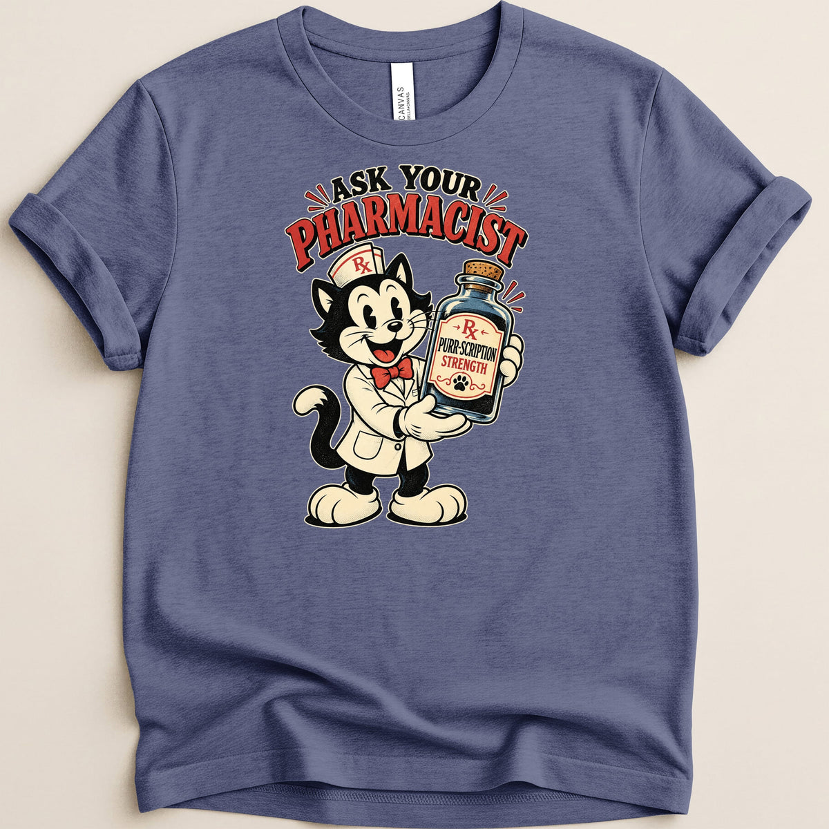 Cartoon cat pharmacist holds bottle labeled "Purr-Scription Strength."
