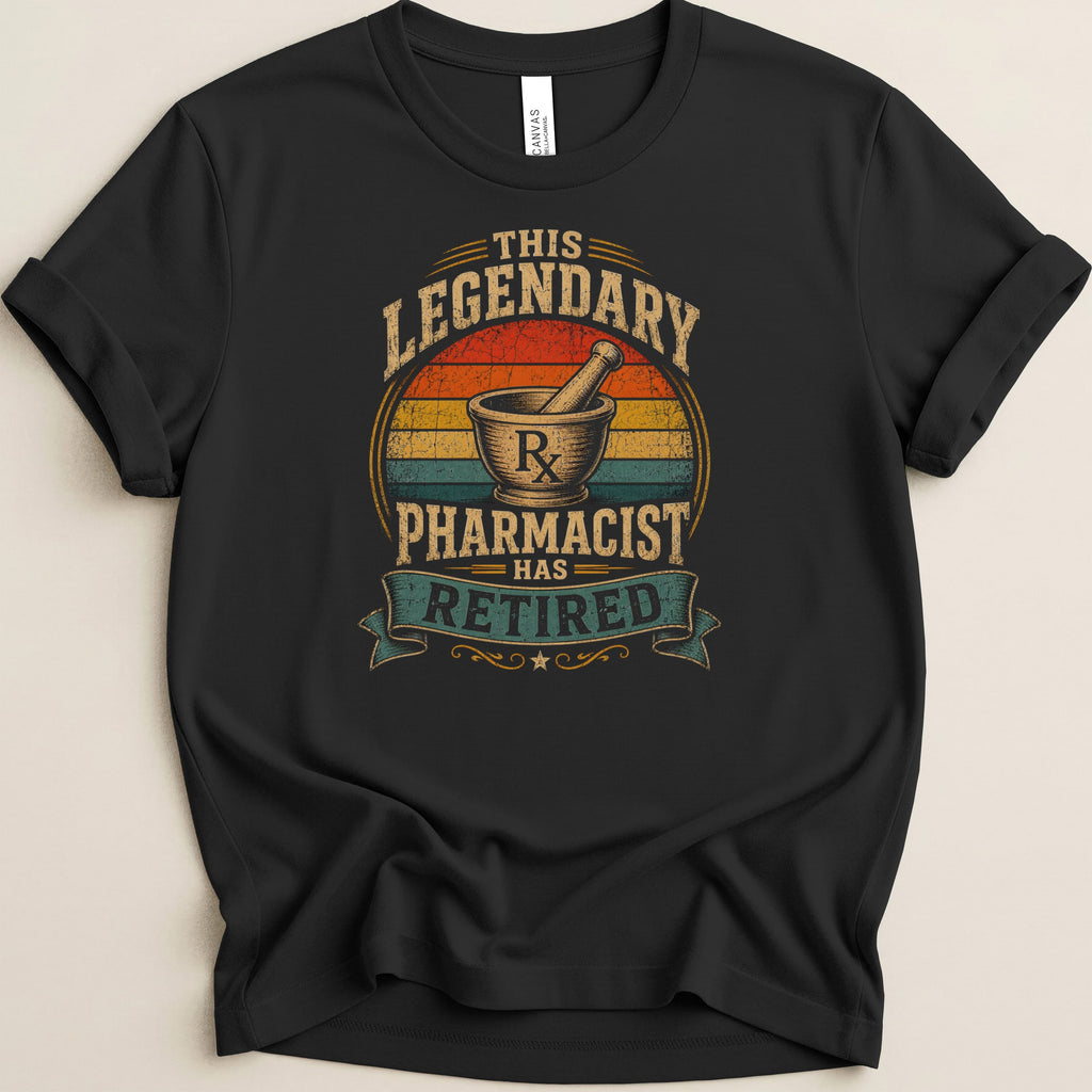 Retired pharmacist design with mortar and pestle and distressed text.
