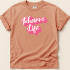 Peach t-shirt with "Pharm Life" text in pink script.