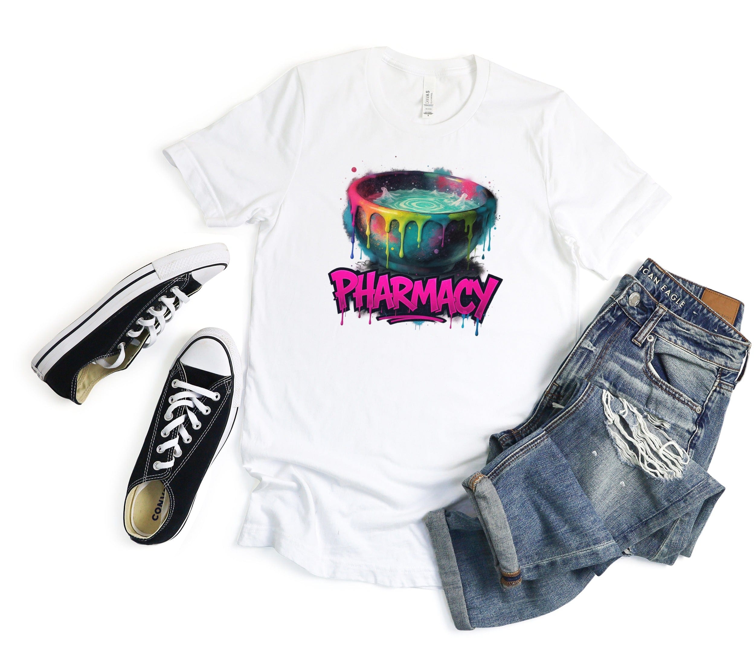 Vibrant Pharmacy Graphic Design on Casual T-shirt Product