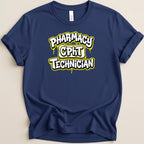 Navy blue t-shirt with "Pharmacy CPhT Technician" in yellow graffiti-style text.