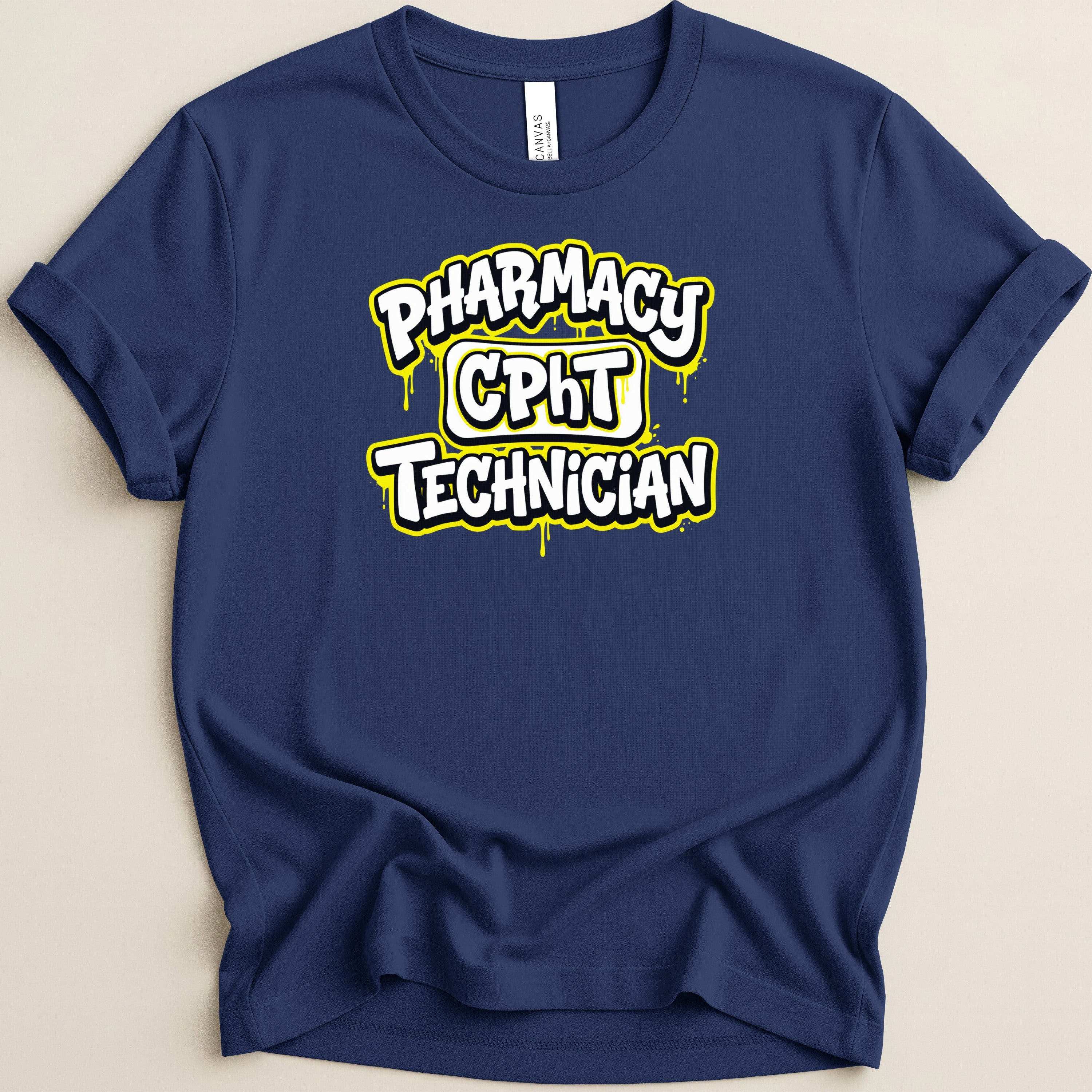 Navy blue t-shirt with "Pharmacy CPhT Technician" in yellow graffiti-style text.