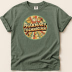Retro circle design with "Pharmacy Technician" text and medical imagery.