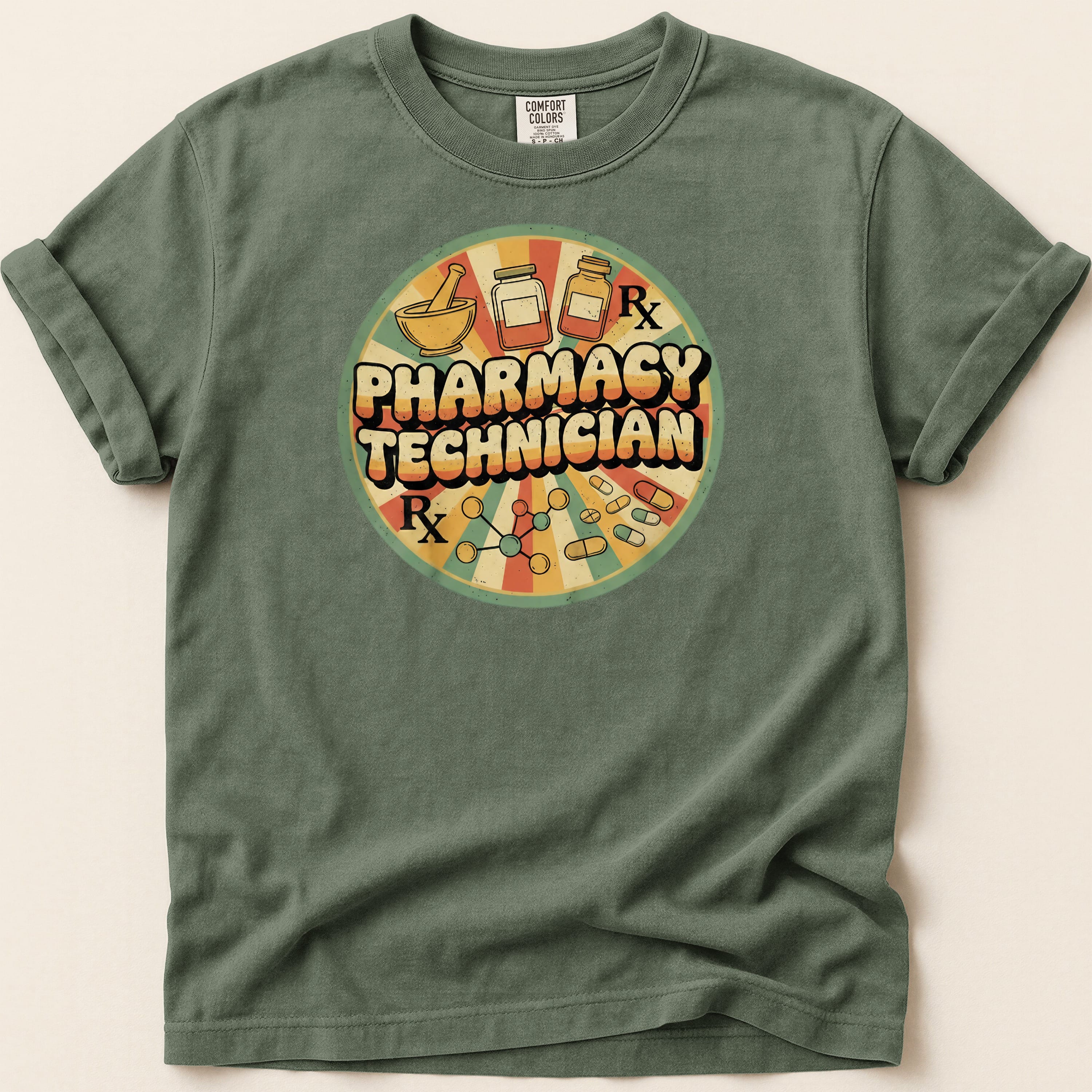 Retro circle design with "Pharmacy Technician" text and medical imagery.