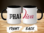 Mug with "Pharm Diva" text on the front and back, black interior.