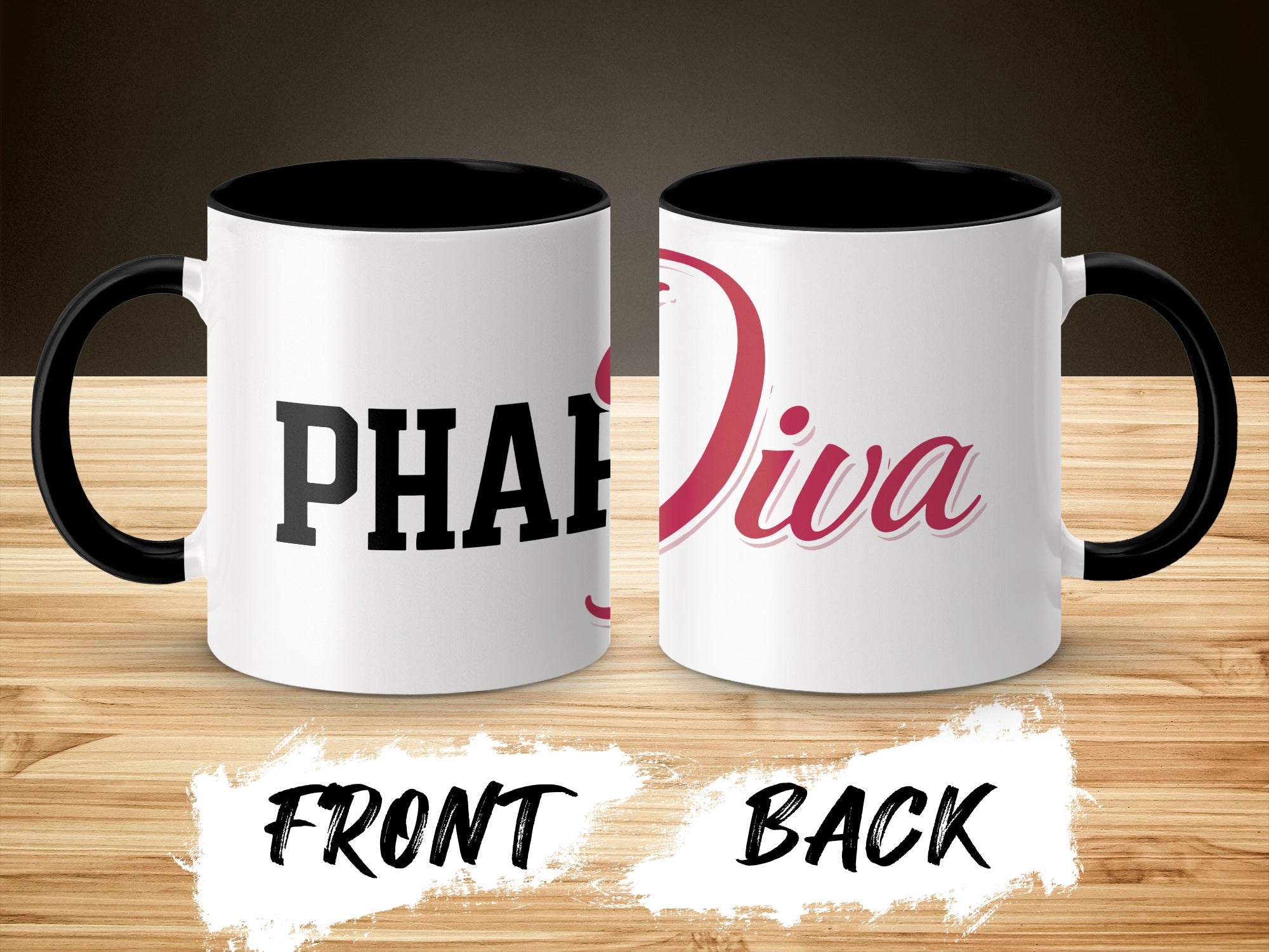 Mug with "Pharm Diva" text on the front and back, black interior.