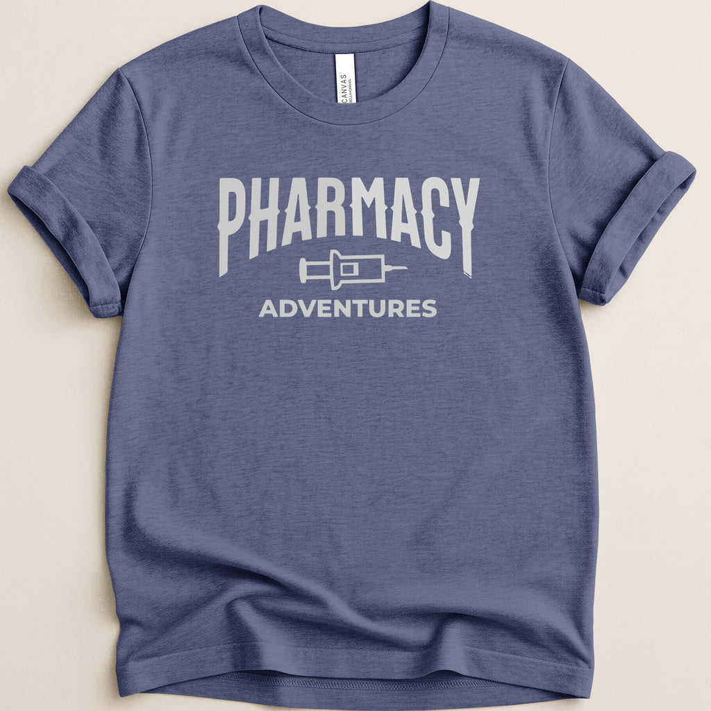 Navy t-shirt with "Pharmacy Adventures" logo in distressed white text.