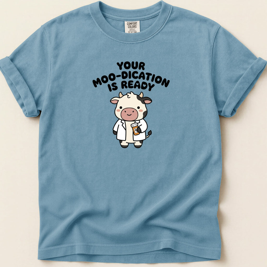 Blue t-shirt with cartoon cow and text "YOUR MOO-DICATION IS READY".