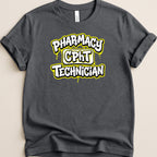 Dark gray t-shirt with yellow and white "Pharmacy CPhT Technician" text.