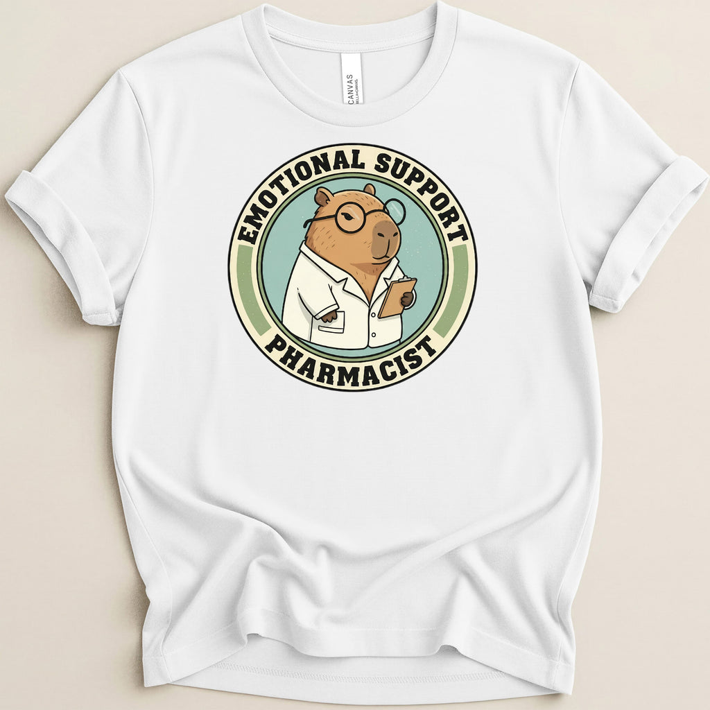 Capybara wearing glasses and lab coat, emotional support pharmacist graphic on white t-shirt.