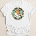 Capybara wearing glasses and lab coat, emotional support pharmacist graphic on white t-shirt.