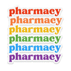 Rainbow gradient text spelling "pharmacy" stacked vertically.