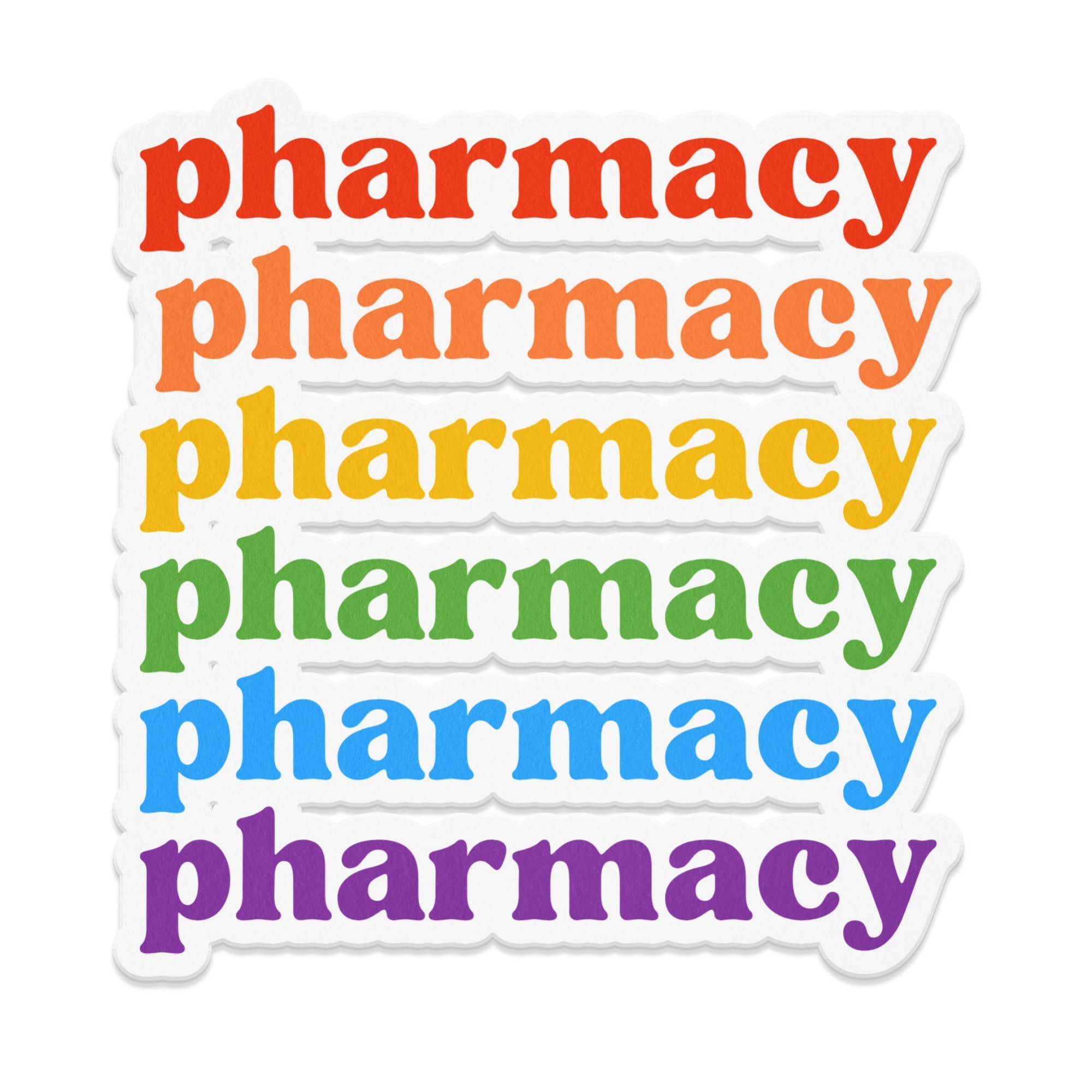 Rainbow gradient text spelling "pharmacy" stacked vertically.