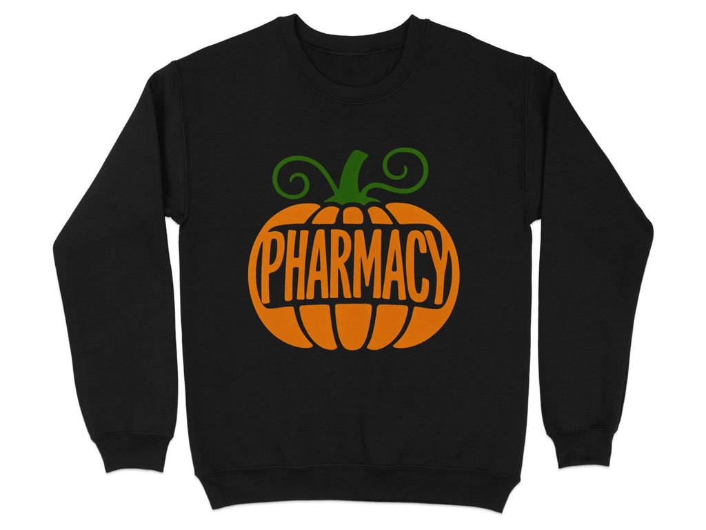 Black sweatshirt with an orange pumpkin graphic and the word "PHARMACY".