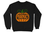 Black sweatshirt with an orange pumpkin graphic and the word "PHARMACY".