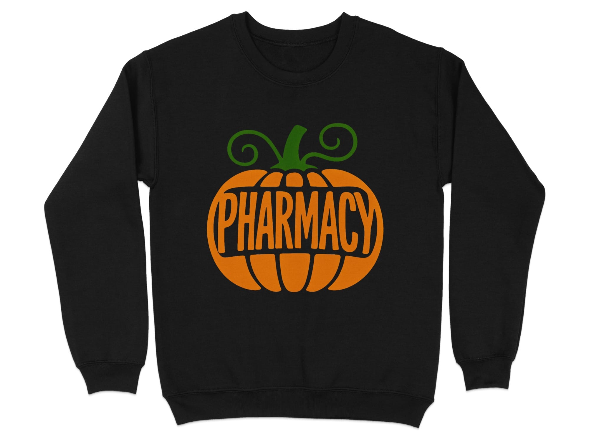 Black sweatshirt with an orange pumpkin graphic and the word "PHARMACY".