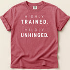 Red t-shirt with "HIGHLY TRAINED. MILDLY UNHINGED." printed in white text.