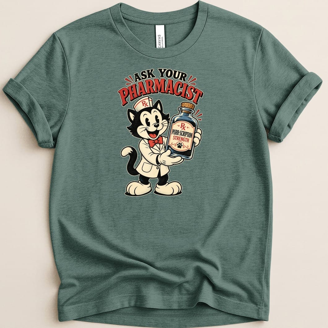 Cartoon cat pharmacist holding a bottle labeled "Purr-scription Strength".