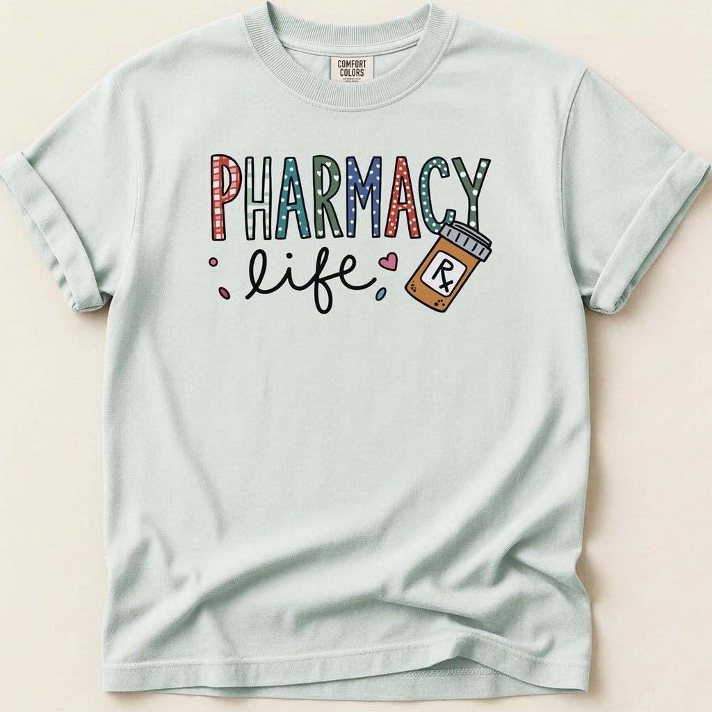 Light blue t-shirt with "Pharmacy Life" text and a pill bottle illustration.