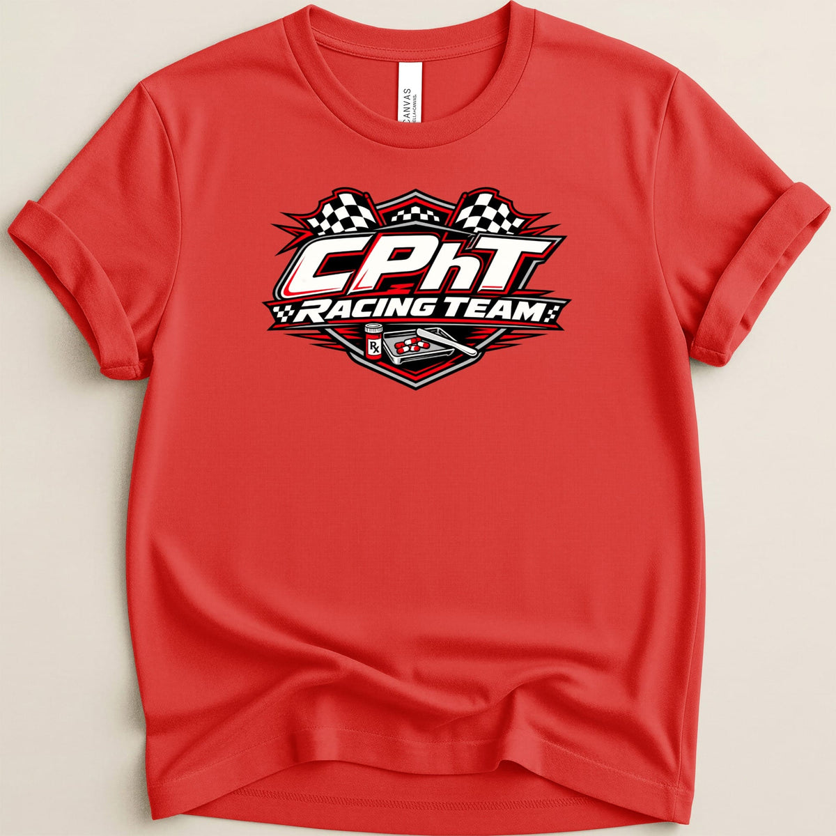 Red t-shirt with CPHT Racing Team logo featuring checkered flags and pills.