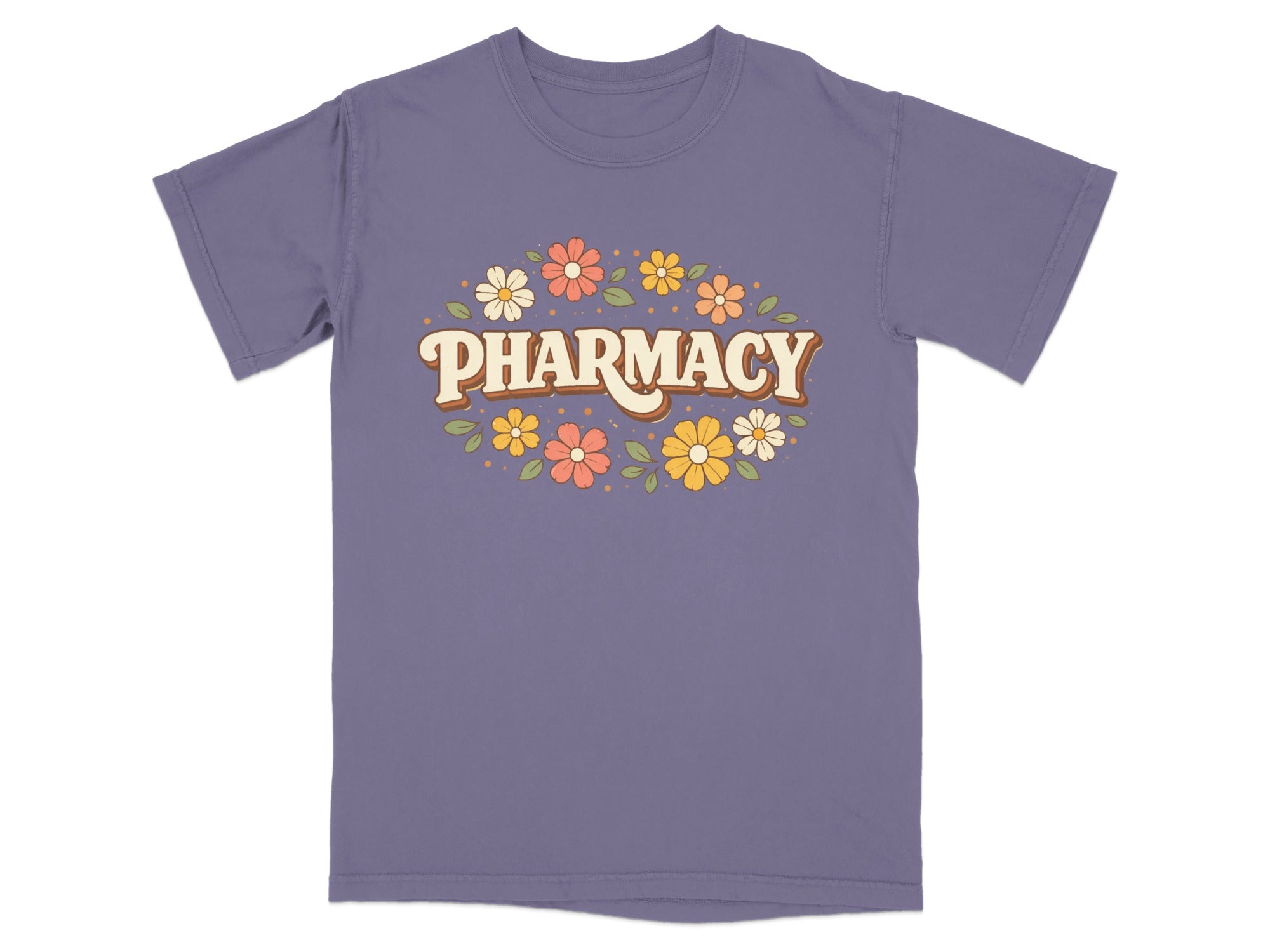 Purple t-shirt with "Pharmacy" in retro floral text.