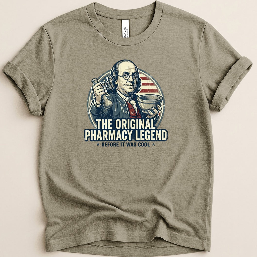 Benjamin Franklin holding a mortar and pestle on a t-shirt.