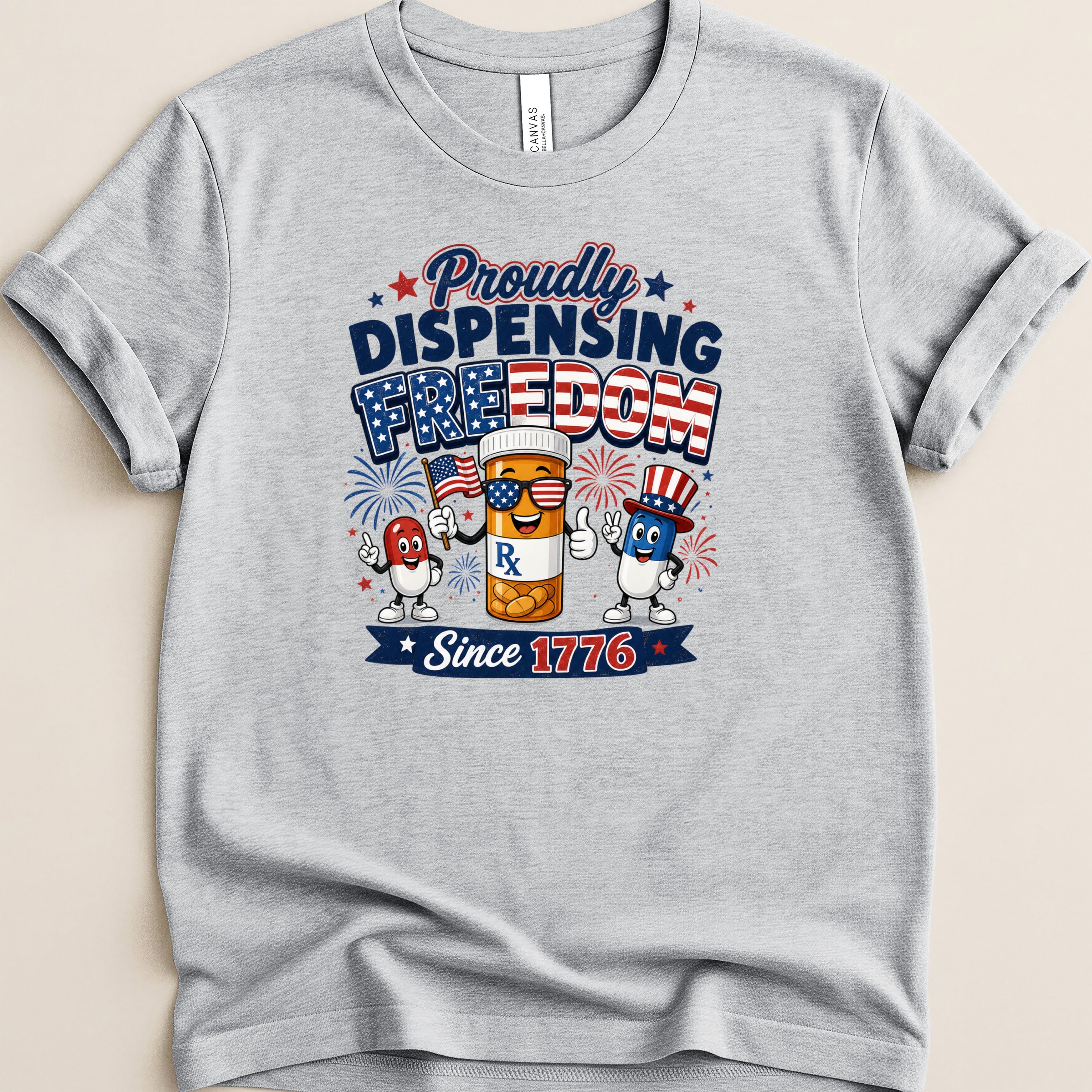 T-shirt with cartoon patriotic pills celebrating Independence Day.
