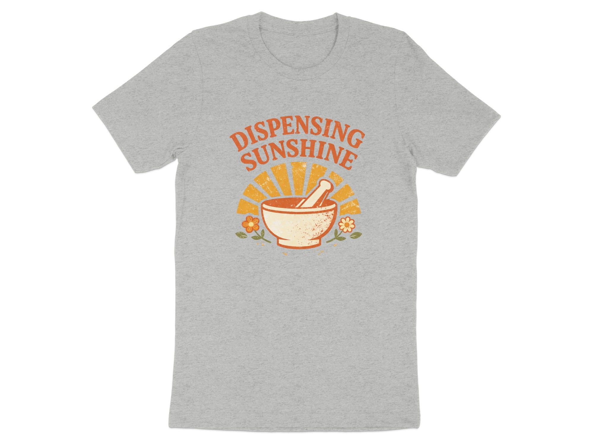 Gray t-shirt with "Dispensing Sunshine" text and a mortar and pestle.