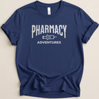 Navy t-shirt with "Pharmacy Adventures" logo in white text.