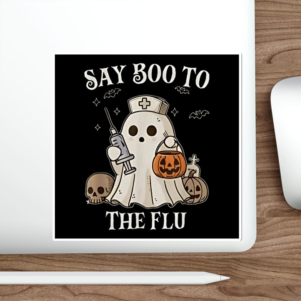 Ghost nurse with pumpkin, skull, and bats, text "SAY BOO TO THE FLU".