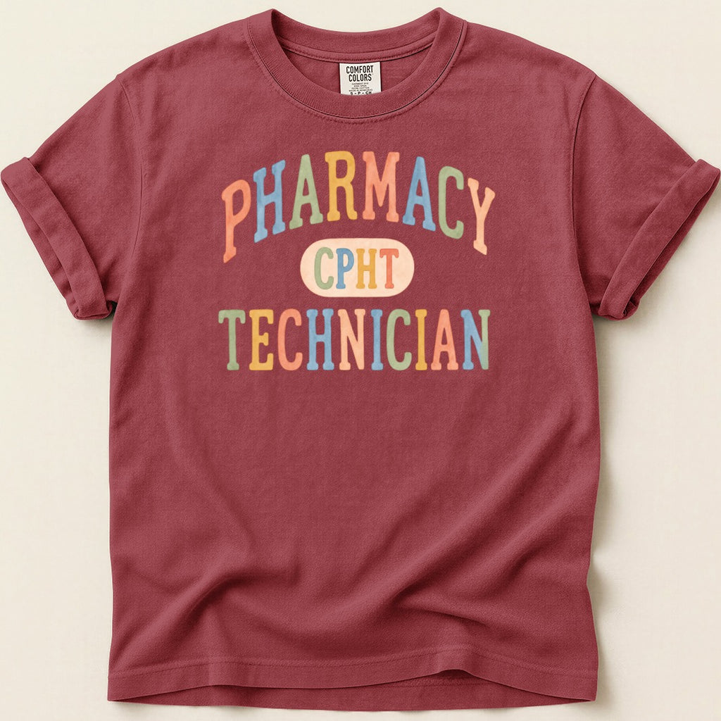 Burgundy t-shirt with "Pharmacy Technician CPHT" text in colorful distressed lettering.