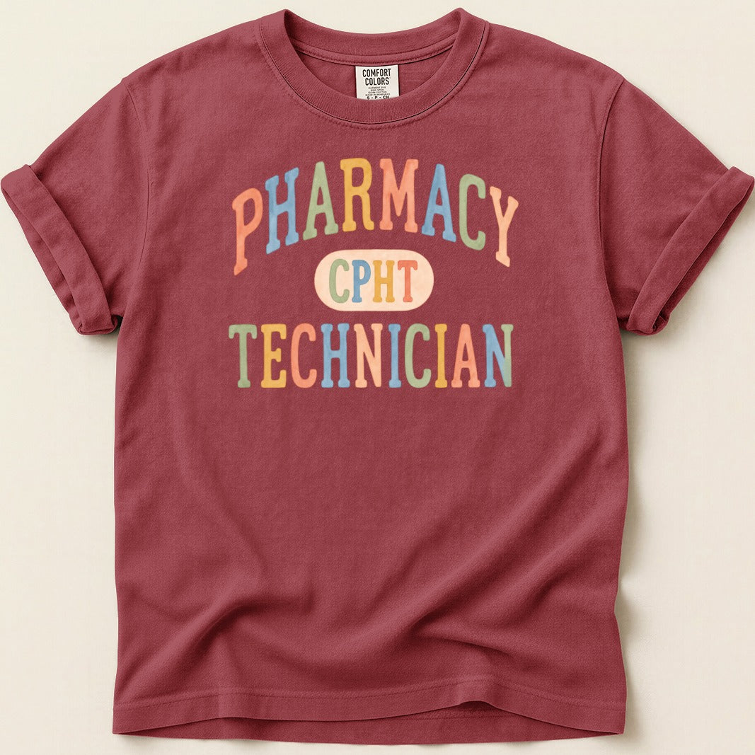 Burgundy t-shirt with "Pharmacy Technician CPHT" text in colorful distressed lettering.