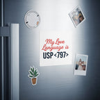Magnet reads "My Love Language is USP <797>" on a refrigerator.