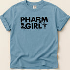 Blue t-shirt with "PHARM GIRL" text and medical icons.