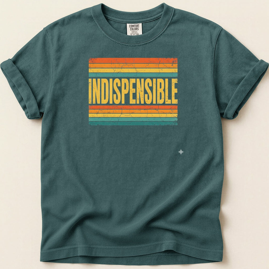 Teal t-shirt with distressed "INDISPENSABLE" text on retro stripes.