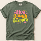Green t-shirt with "Live Laugh Lexapro" text and floral graphic.