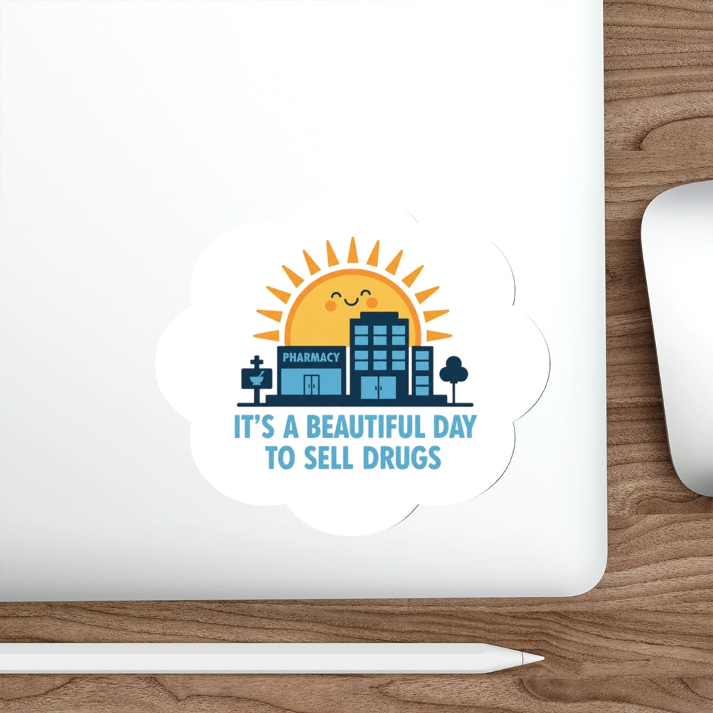 Sticker with a cartoon pharmacy building under a smiling sun and clouds.