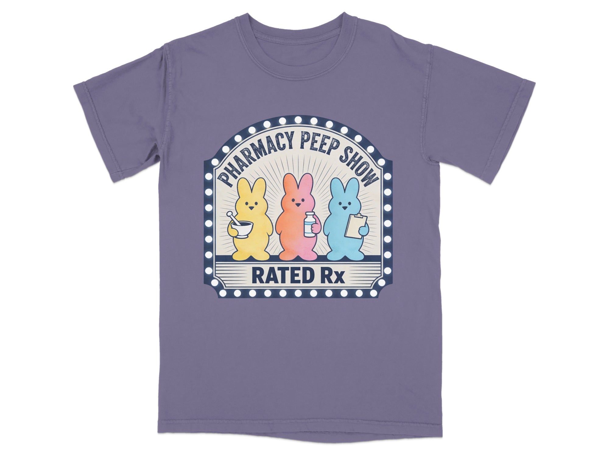 Three Peeps bunnies wearing pharmacist outfits on a Pharmacy Peep Show t-shirt.