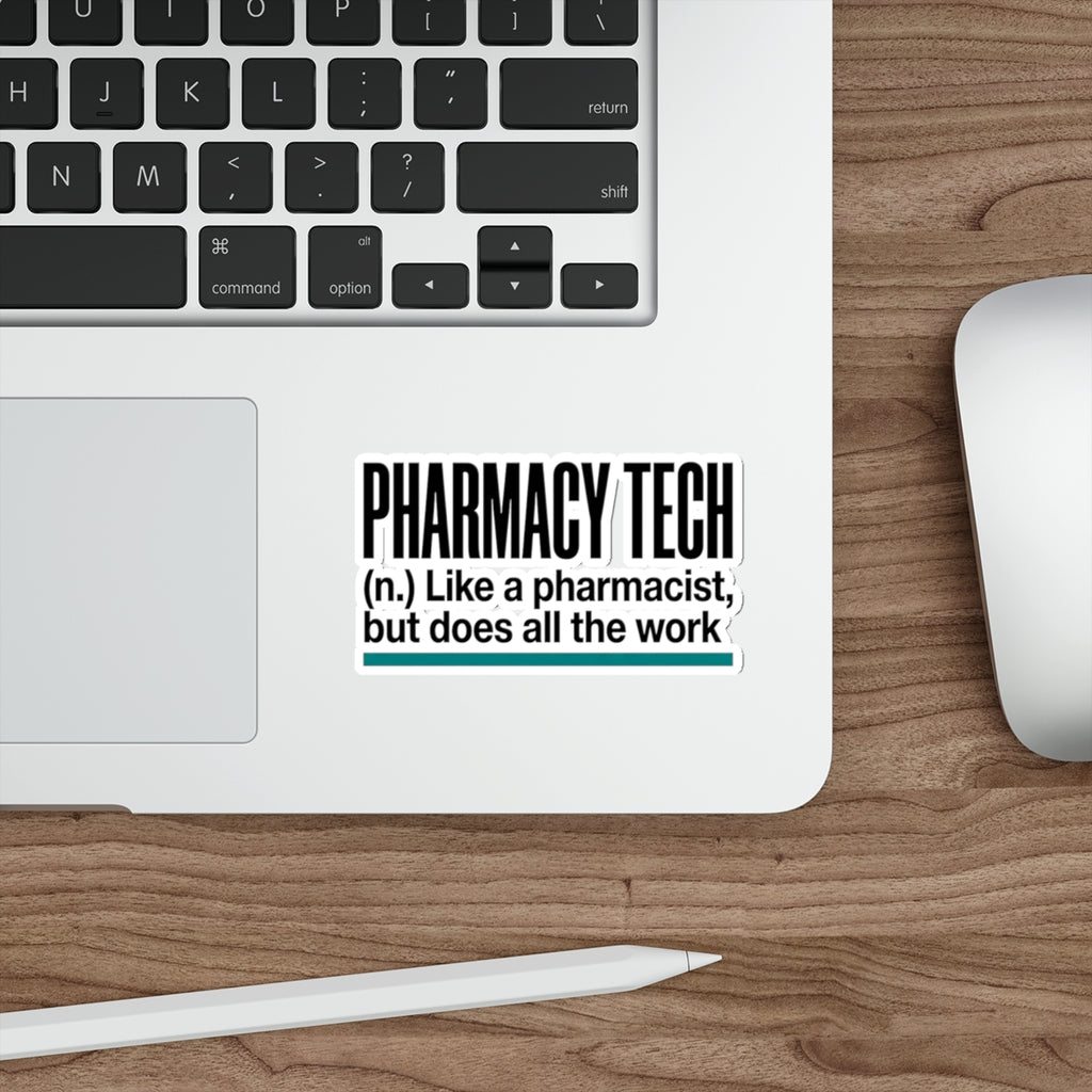 Pharmacy Tech sticker on a laptop keyboard with a pencil and mouse.