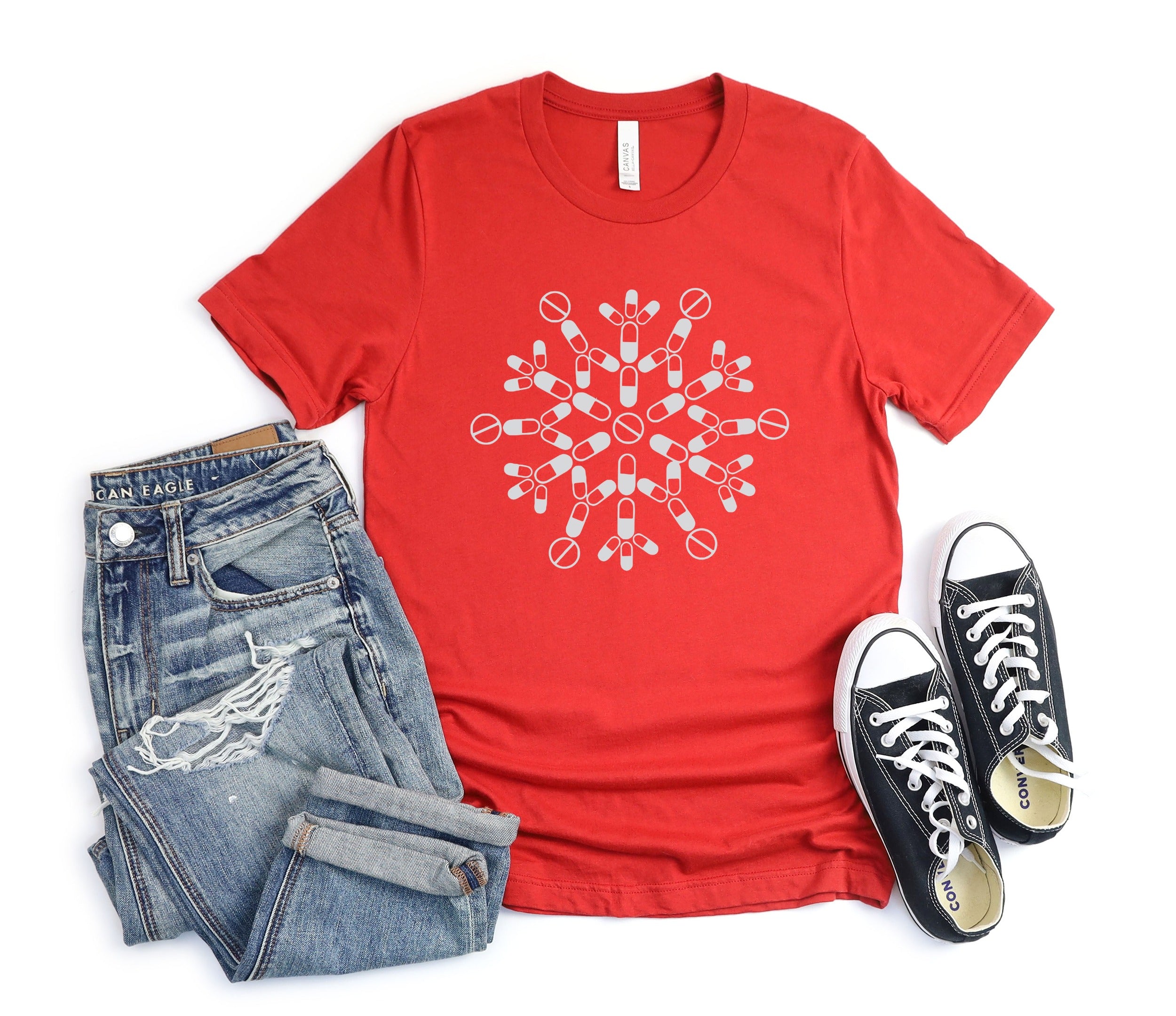 Festive Red Tee with Intricate Snowflake Print Design