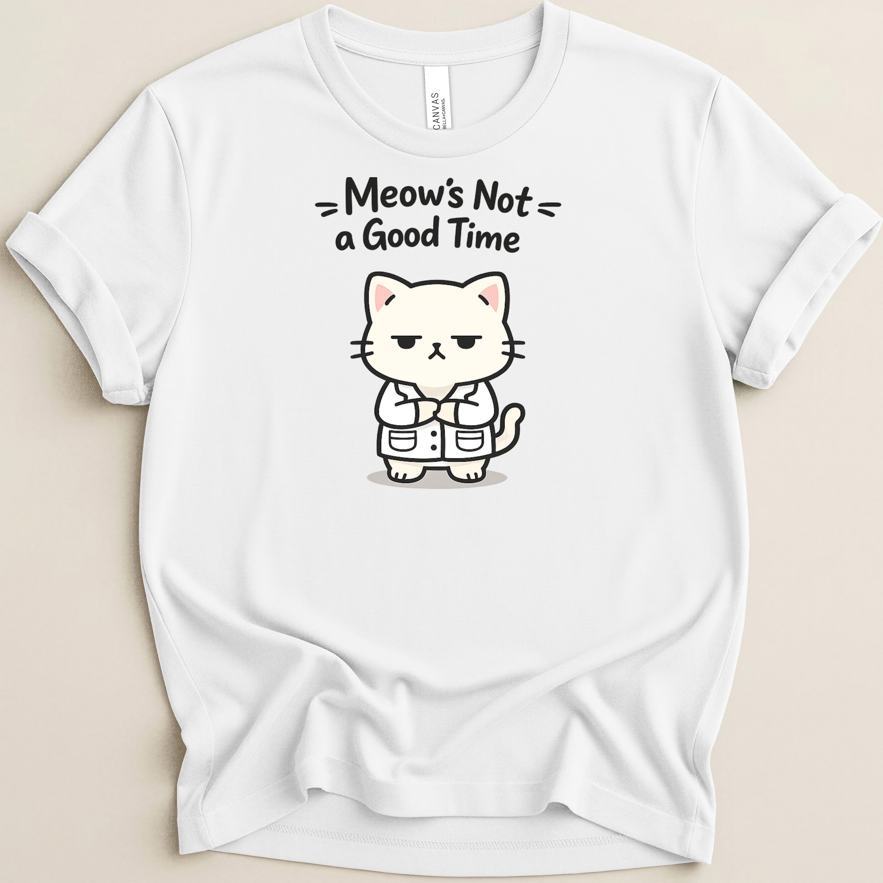 White t-shirt with a grumpy cartoon cat wearing a lab coat and text.