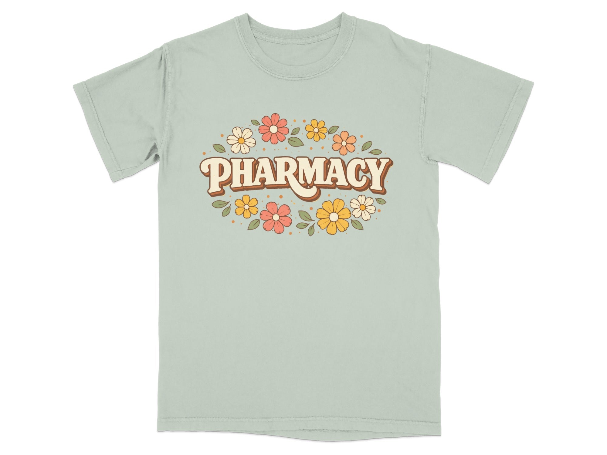 Light green t-shirt with "Pharmacy" in retro floral lettering.